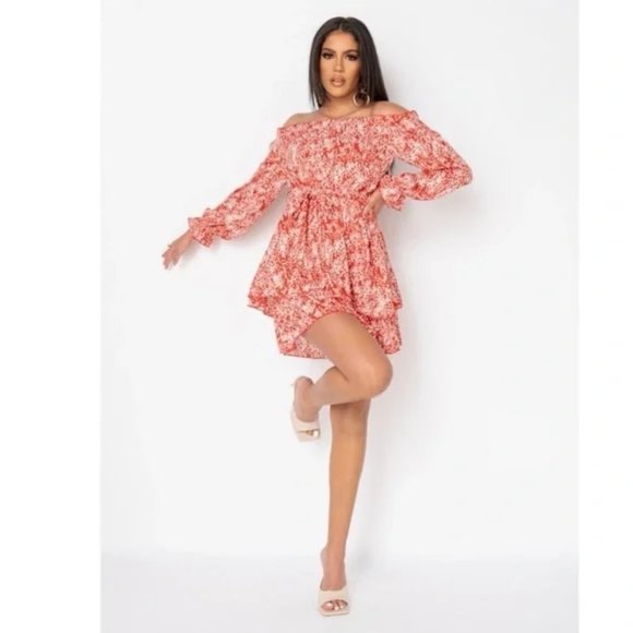 Red Floral Print Long Sleeve Off Shoulder Tiered Mini Dress - Picture 2 of 12